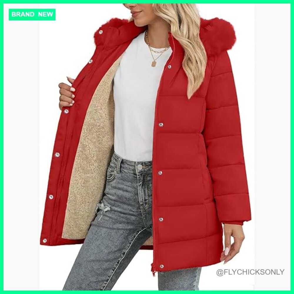 Long Winter Puffer Coat with Sherpa Fleece Lining, Detachable Hood